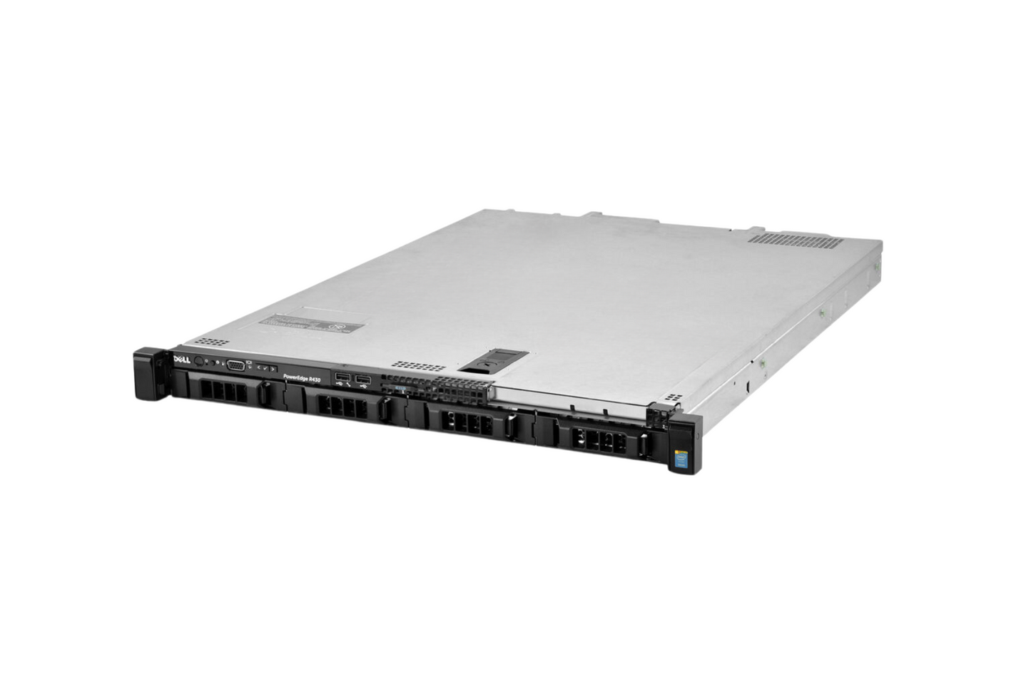 Refurbished Dell PowerEdge R430 4-Bay 3.5" cabled 1U server, angled view