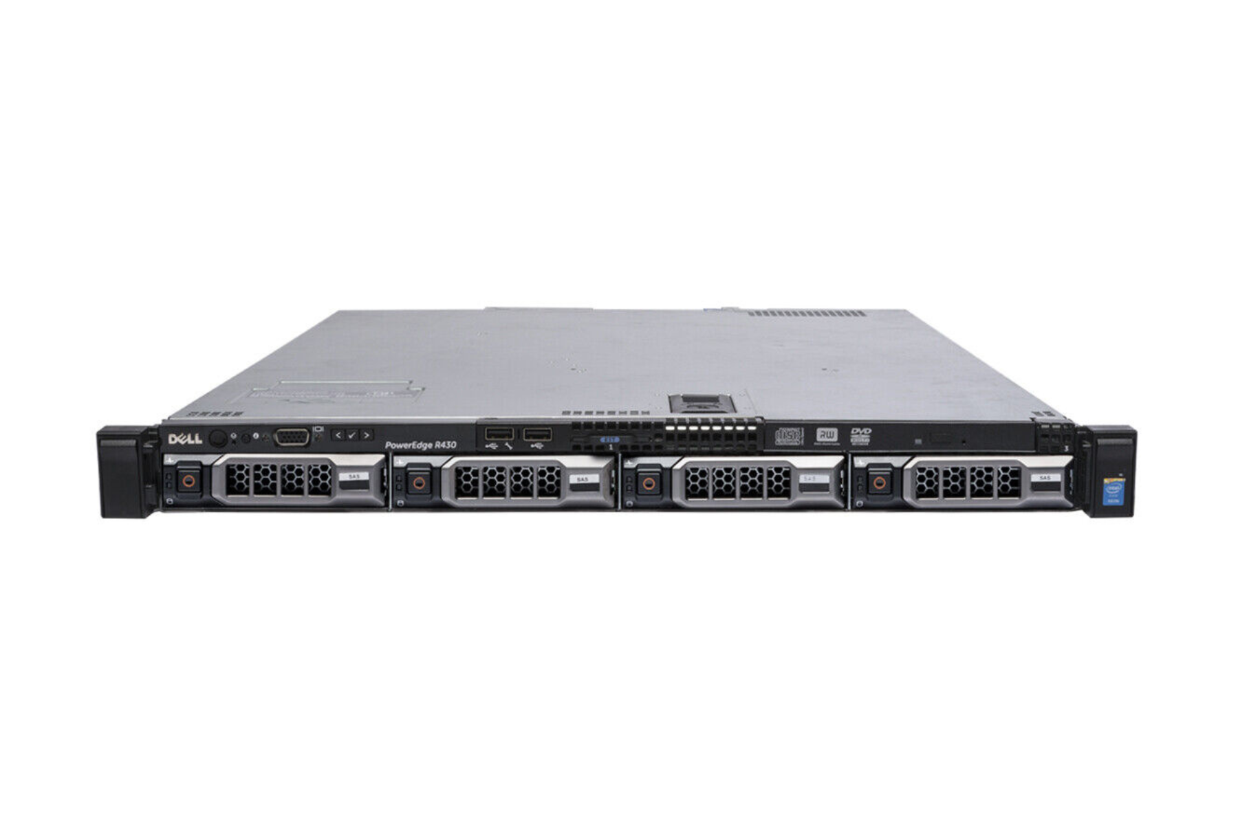 Refurbished Dell PowerEdge R430 4-Bay 3.5" cabled 1U server, front view