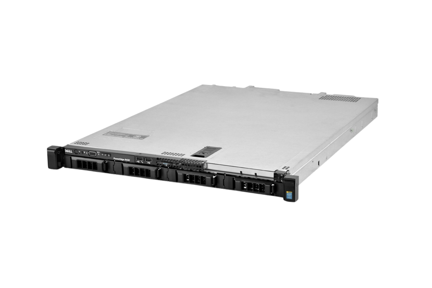 Refurbished Dell PowerEdge R430 4-Bay 3.5" hot-swap 1U server, angled view